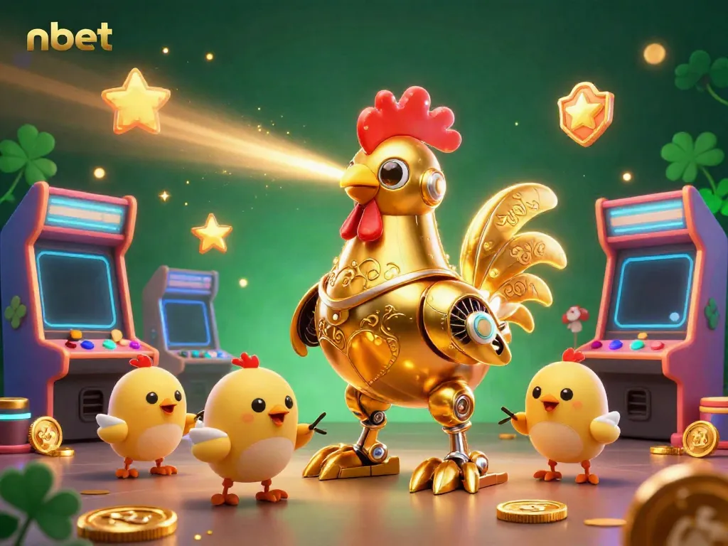 Experience the excitement of nbet with this vibrant 3D cartoon scene featuring a golden rooster robot!