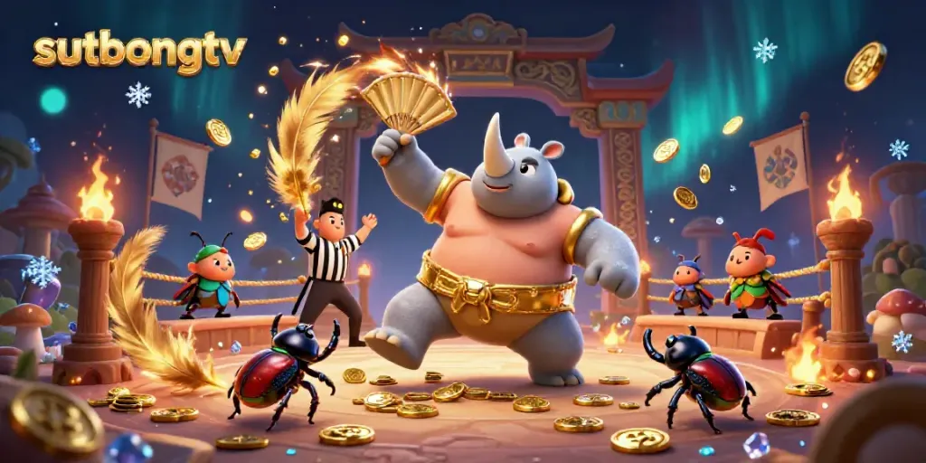 Sutbongtv showcases a vibrant 3D battle scene with a rhinoceros beetle champion stomping coins, bringing excitement to online gambling.