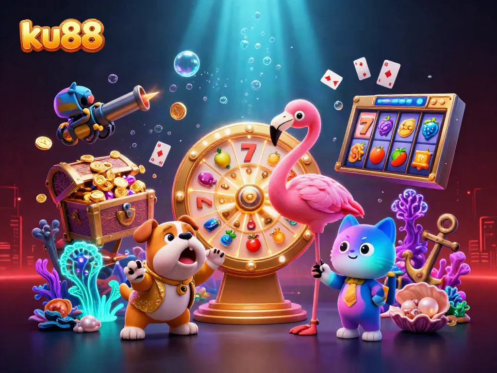Engaging ku88 casino scene with a flamingo host and exciting game elements.