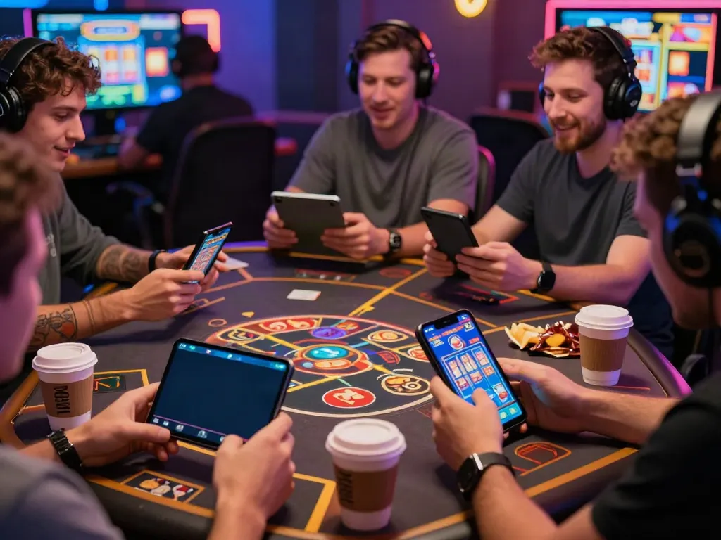 Engaged players on mobile devices enjoying the cổng game hitclub in a vibrant digital gaming atmosphere.