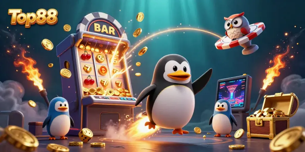 Experience the thrill of Top88 with a dynamic scene featuring a golden penguin and jackpot explosion.