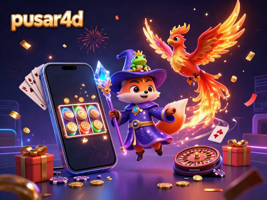Engage in enchanting slots gameplay with pusar4d, featuring a wizard fox and a phoenix among vibrant casino elements.