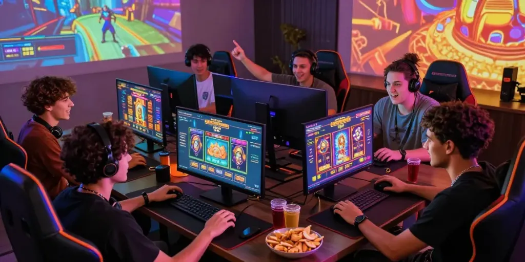 Friends enjoying slot gacor games together in a lively gaming atmosphere.