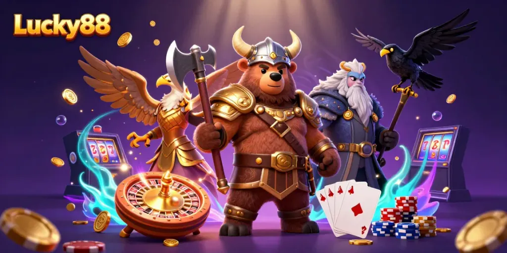 Experience thrilling gameplay at Lucky88 with a vibrant casino illustration showcasing a bear and eagle amidst dynamic game elements.