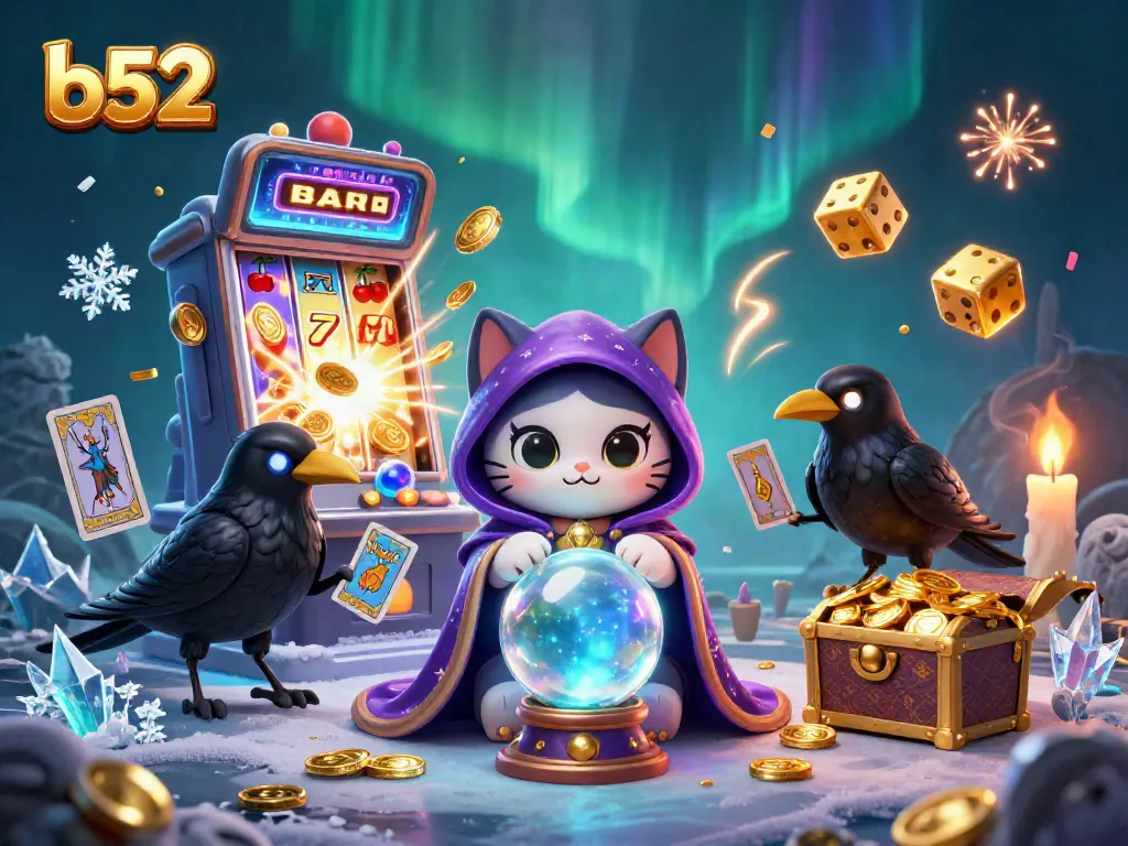 Join the b52 casino adventure with a mystic cat and raven amidst vibrant slot machines and treasures!