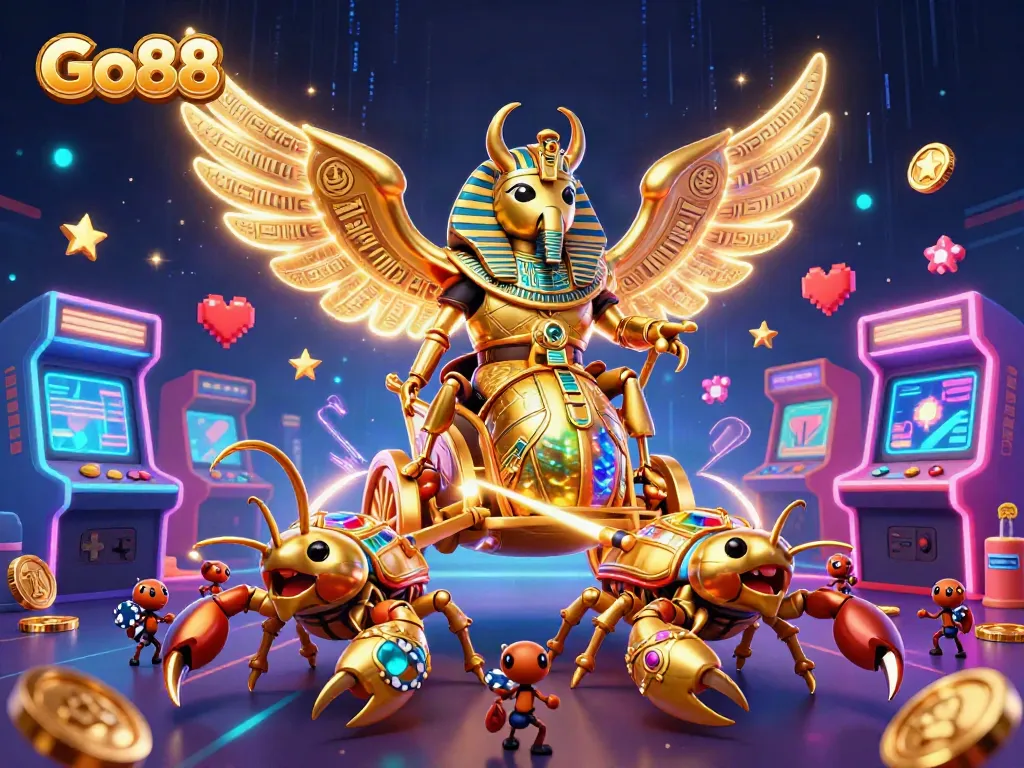 Engage with Go88's exciting casino games illustrated by cartoon characters and vibrant gaming elements.