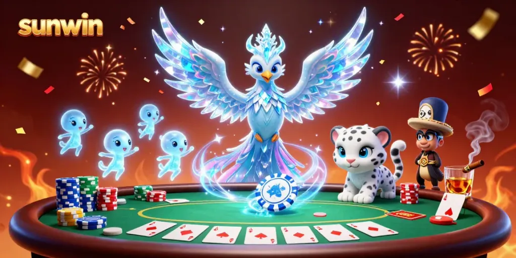 Engaging sunwin illustration showcasing an ice phoenix and snow leopard cub amidst vibrant poker elements.