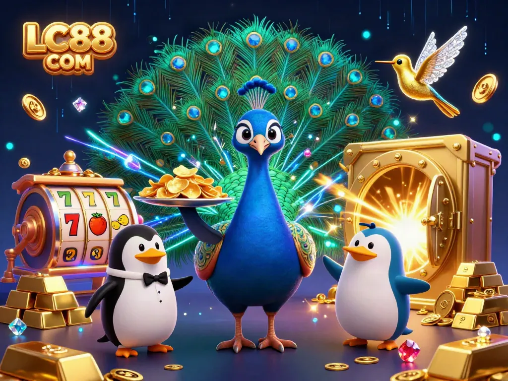 Engage with LC88 COM for an exciting casino experience featuring vibrant peacock and dazzling gold.