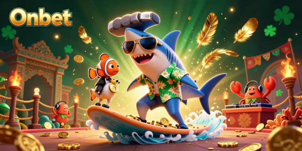 Experience gaming adventures at Onbet with a vibrant 3D illustration featuring a surfing shark and playful sea creatures in a dynamic casino setting.
