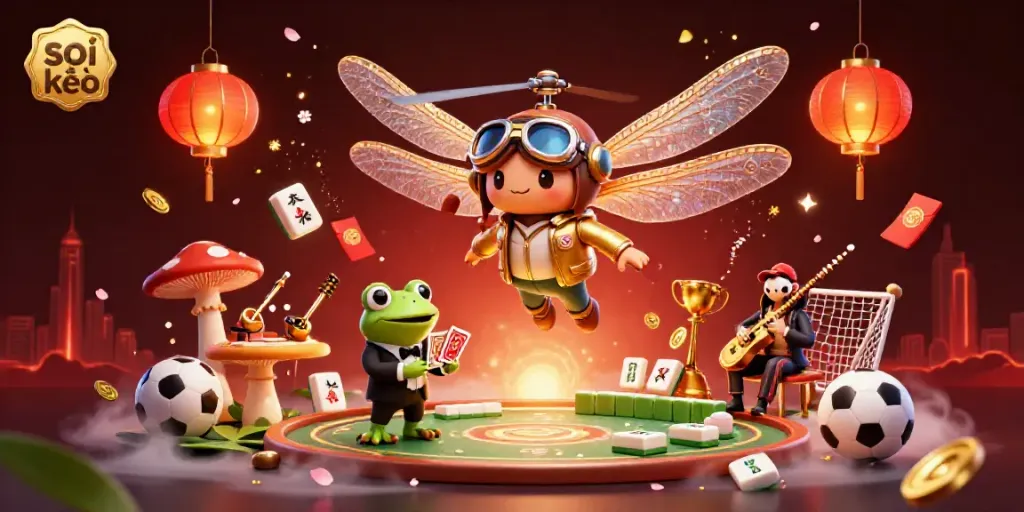 Soi kèo action with vibrant characters and sports betting elements surrounding a lively scene.