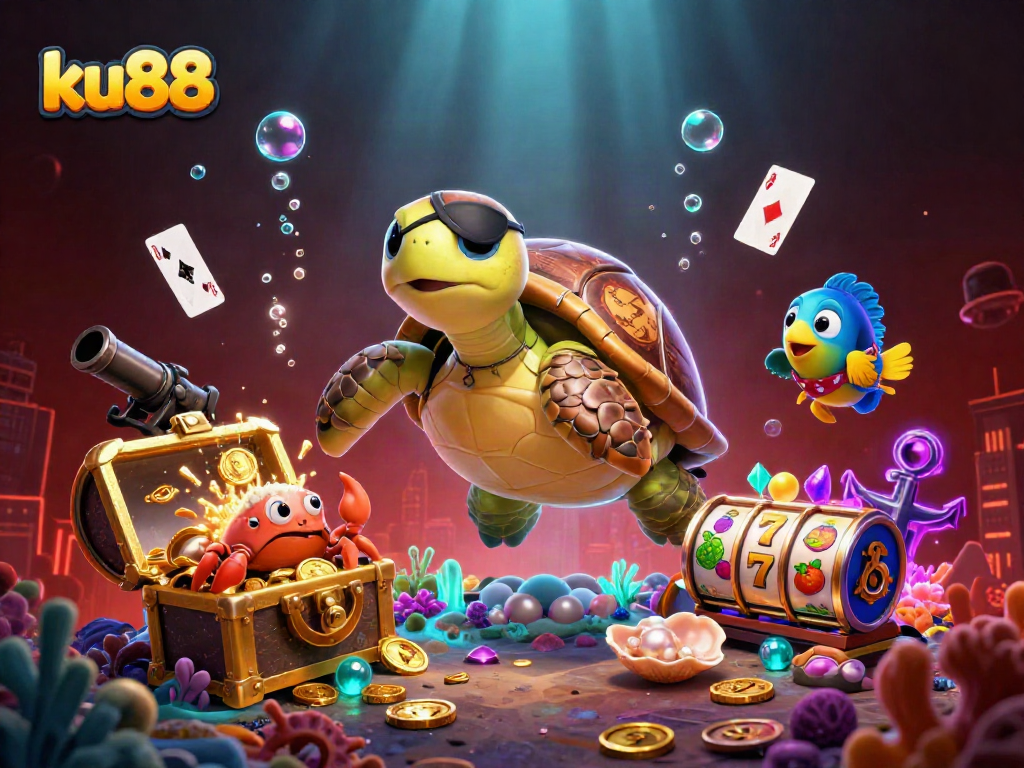 Spin and win with ku88 in this vibrant underwater casino illustration!