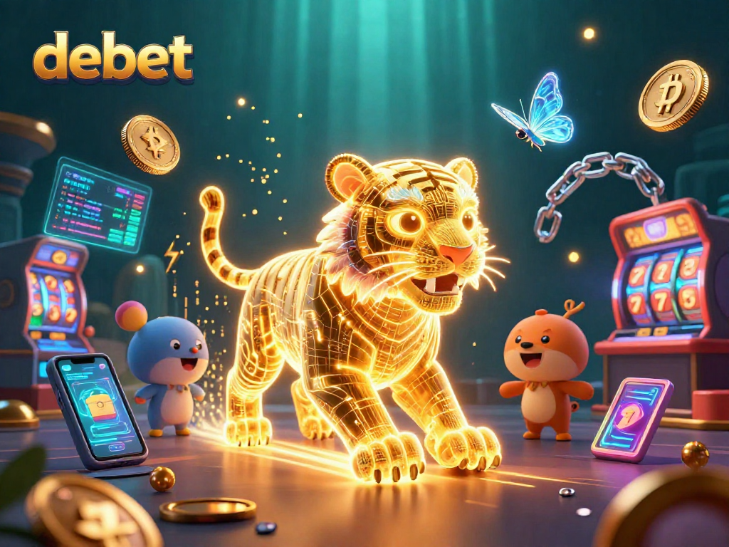 Engage with debet in a vibrant digital casino, featuring a golden tiger and Bitcoin coins.