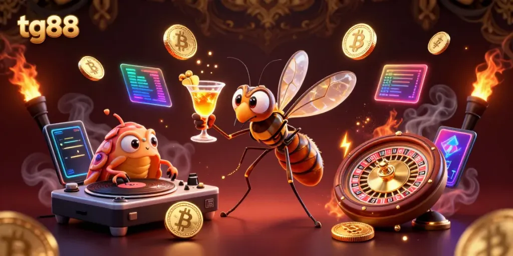 Experience thrilling gameplay at tg88 with lively casino mascots, golden cocktails, and crypto elements.