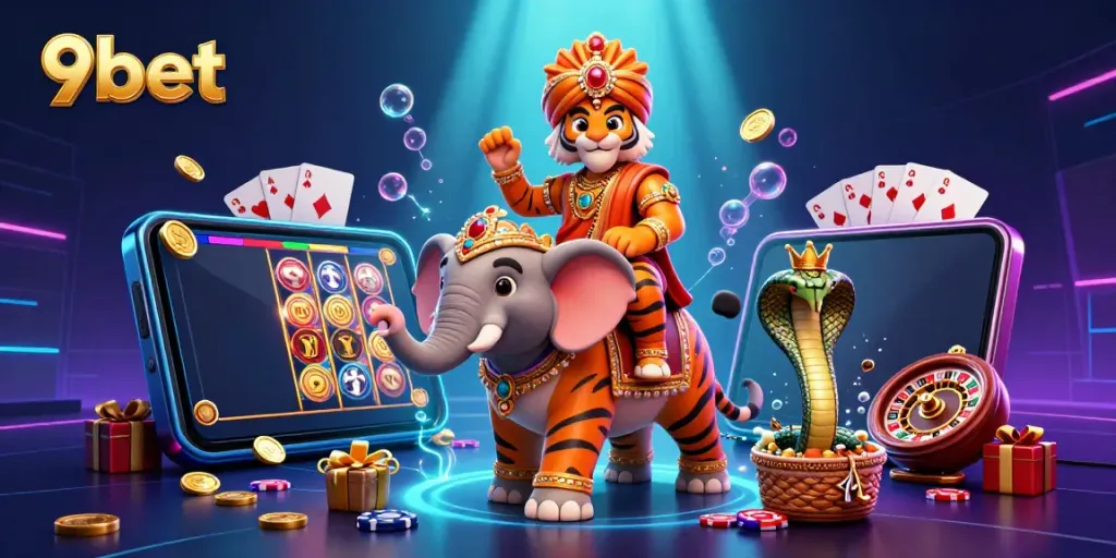 Engaging scene with 9bet characters indulging in vibrant casino action with a luxury elephant and cobra.