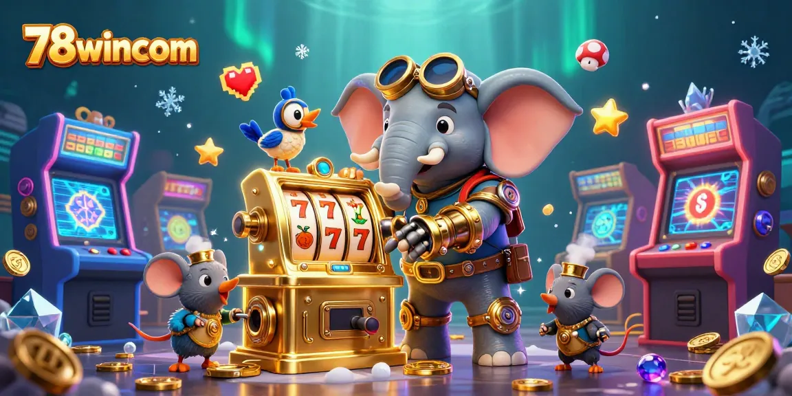 Engage with 78wincom's thrilling slot machine adventure featuring our steampunk elephant and a vibrant casino atmosphere.