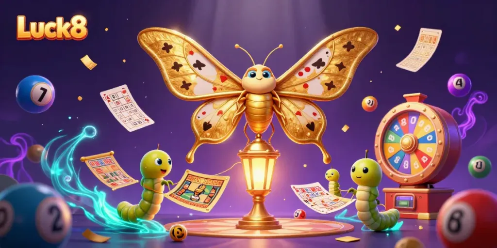 Experience the vibrant charm of Luck8 with golden wings and casino-themed elements in 3D!