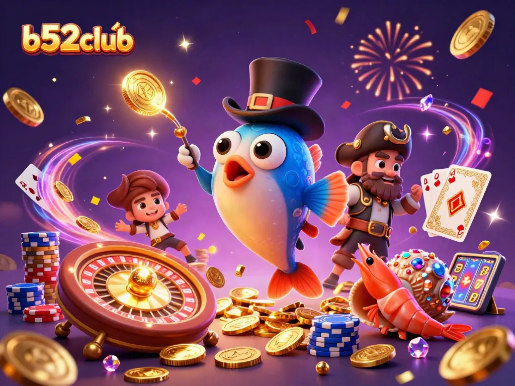Engage with b52club's thrilling atmosphere featuring dynamic characters and cascading coins.