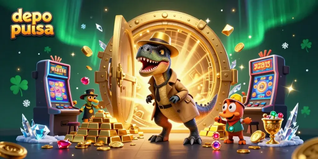 Engaging scene showcasing depo pulsa action with a velociraptor card counter, a suspicious pit boss, and a sneaky pickpocket.