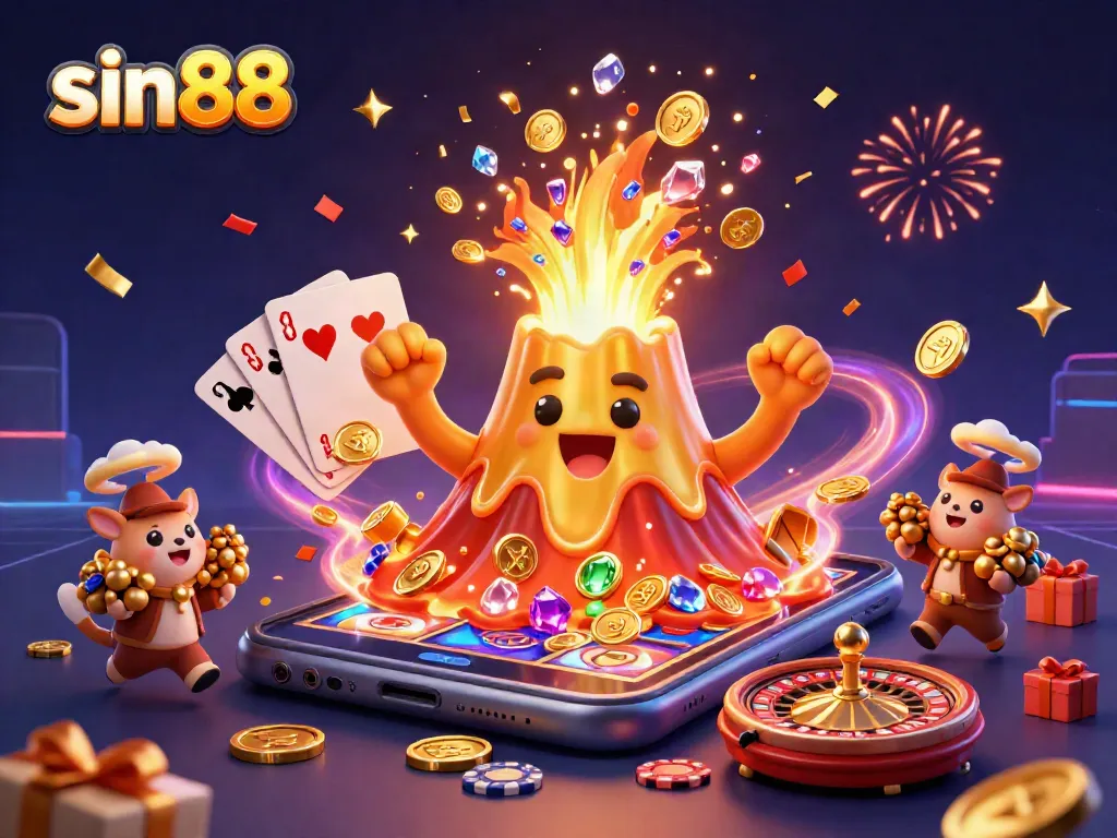 Experience thrilling wins with sin88 at a vibrant 3D illustration of a casino eruption.