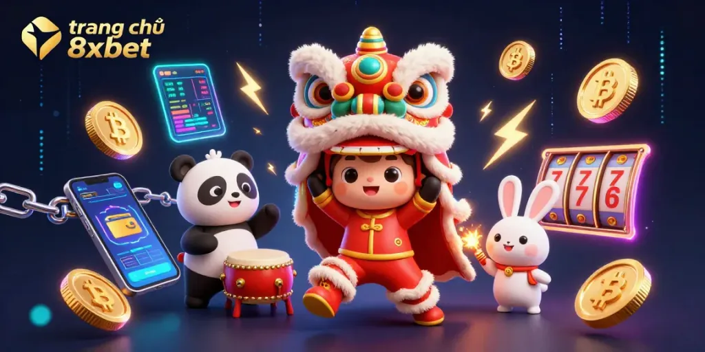 Engage in exciting gambling action with vivid elements from trang chủ 8xbet illustrated in vibrant 3D.