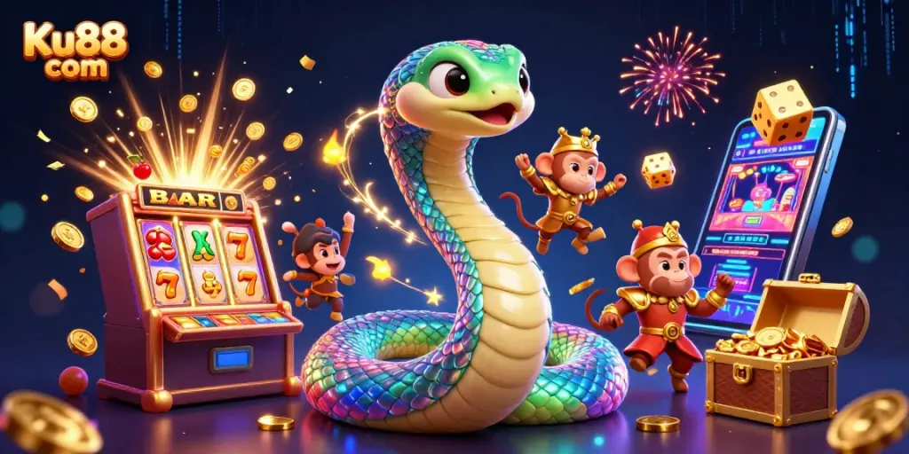 Experience the thrill at Ku88 com with vibrant casino action and dynamic winning moments in this illustration.