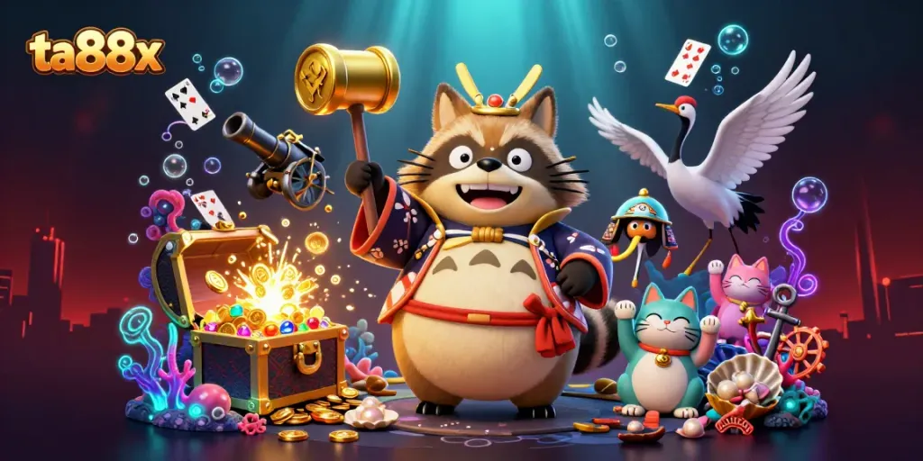 Experience the vibrant world of ta88x with this engaging casino scene featuring lucky characters and treasure.