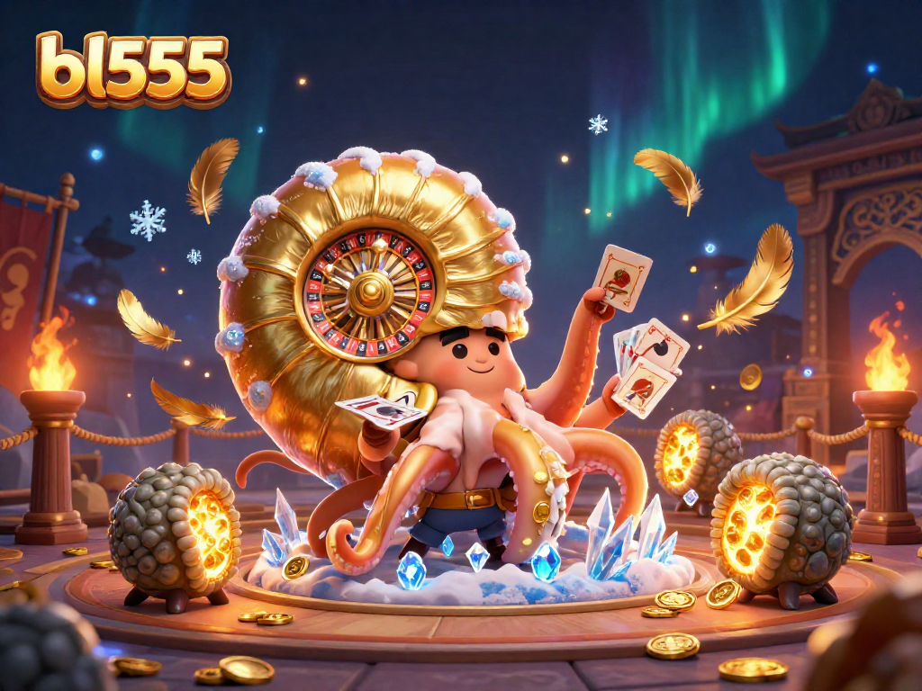 Place bets with bl555 in this vibrant 3D casino scene featuring a giant nautilus roulette wheel and glowing ammonites.