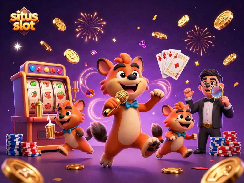 Visualisasi kasino dengan situs slot, hyena bertema komedi, dan elemen perjudian yang memikat.