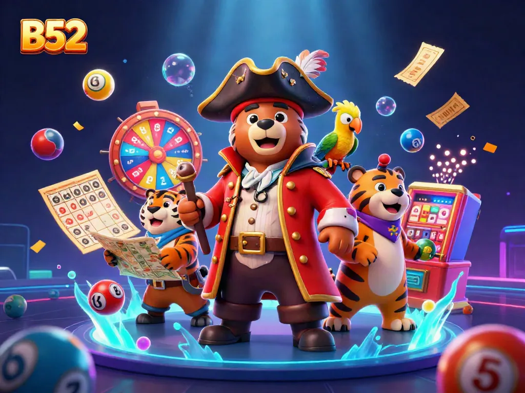 Engage with B52's vibrant casino scene featuring a pirate bear and tiger amid lively game elements.