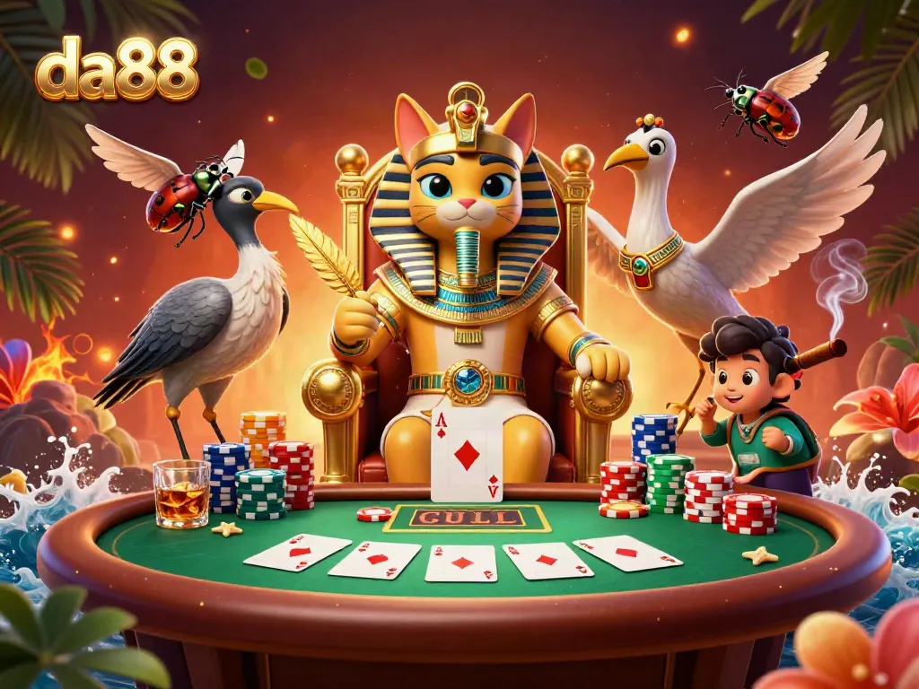 Engage in thrilling poker action with da88, featuring a pharaoh cat and scribe at a lavish casino.