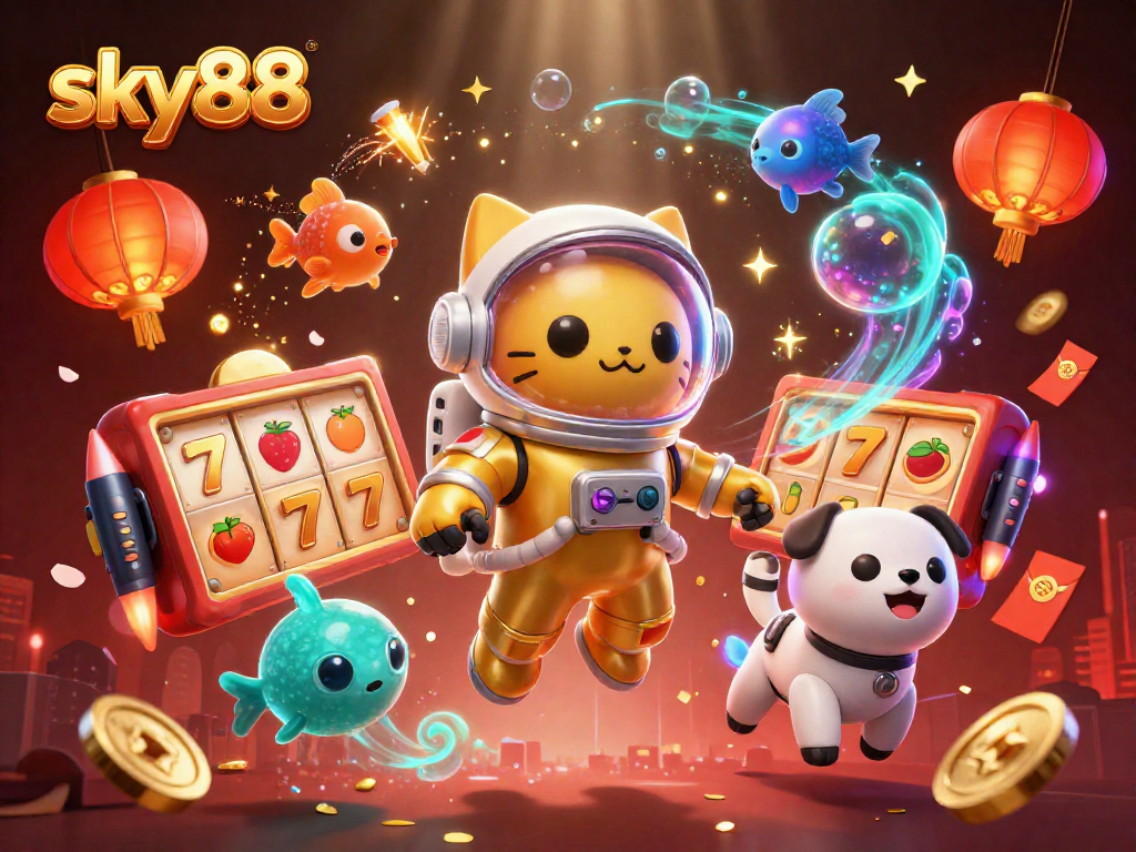 Engage in thrilling gameplay at sky88 with vibrant slots and animated characters in action.