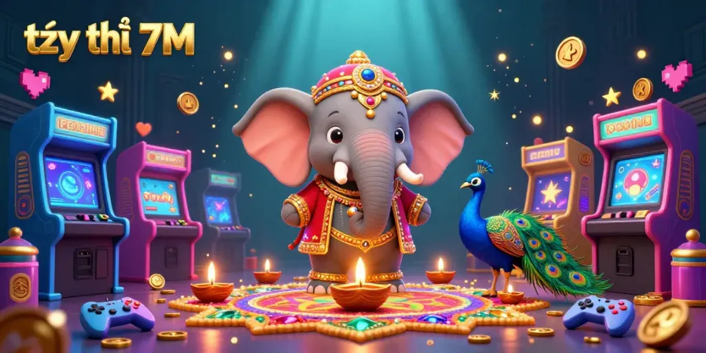 Engage with tỷ lệ 7M through a vibrant scene featuring a Diwali elephant amidst dynamic casino elements.
