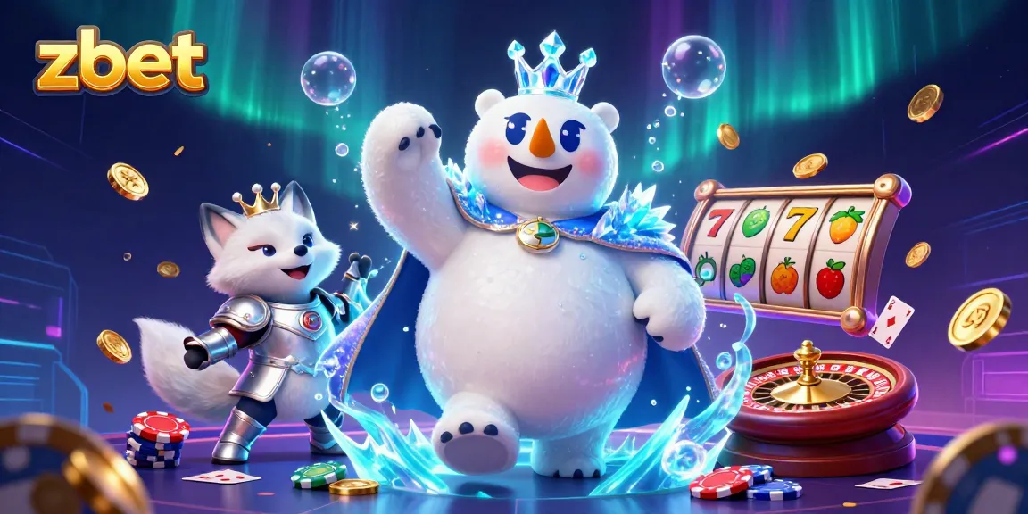 Bet with zbet amidst a vibrant casino scene featuring an ice king and snowy companion.