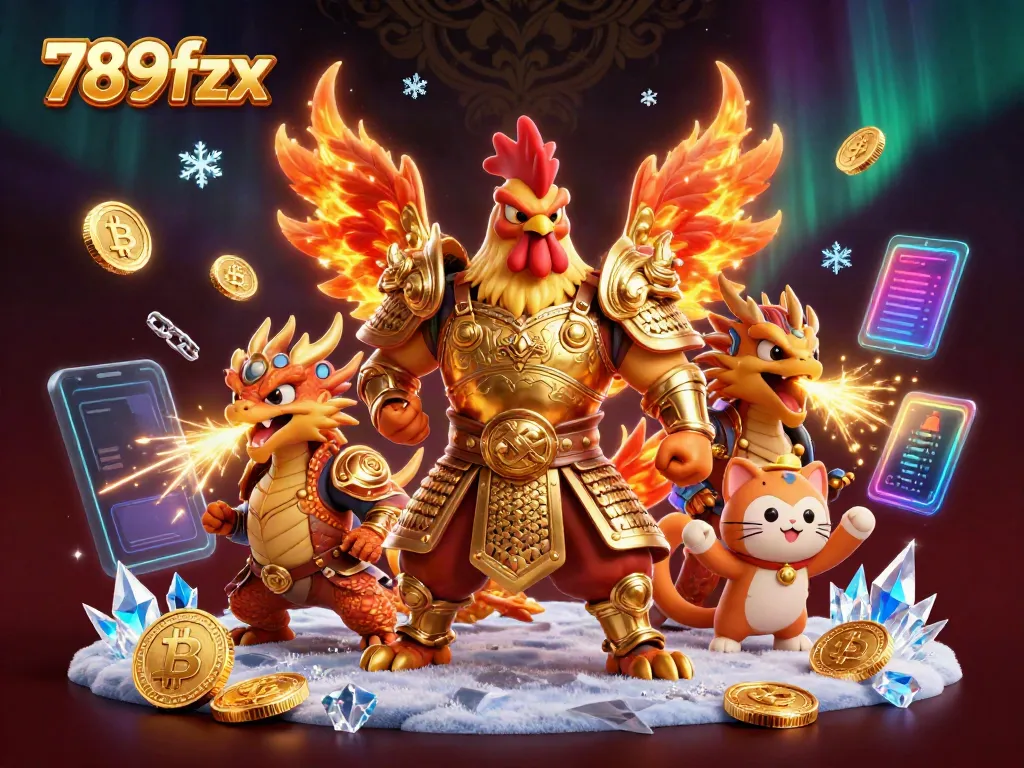 Engage with the thrilling world of 789fzx, showcasing a battle-ready rooster warrior and dragon hatchling in dynamic casino action.