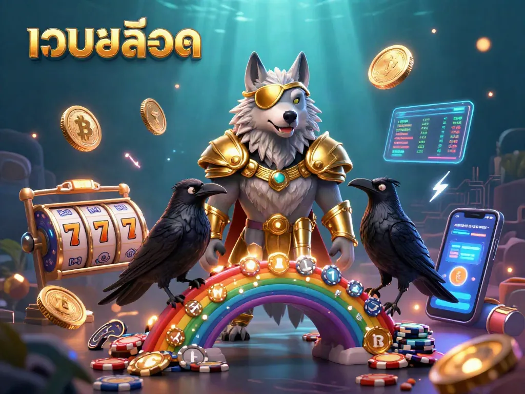 Engage with เว็บสล็อต featuring Odin wolf and ravens on a rainbow bridge surrounded by casino chips.