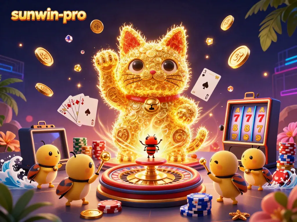 Experience the enchantment of sunwin-pro with golden fireflies and casino elements in vibrant 3D.