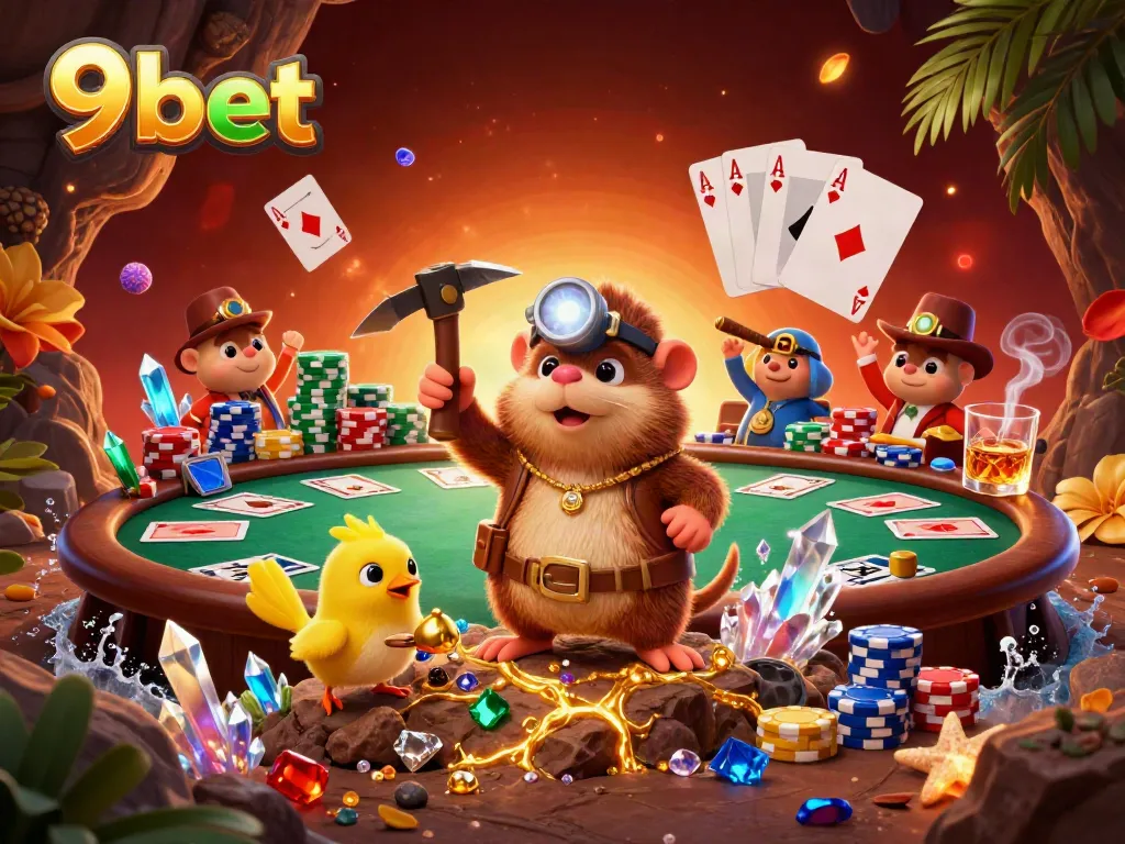 Spin 9bet's winning poker hands while the treasure hunter mole mines gems and gold.