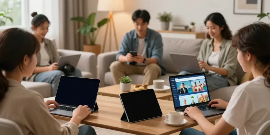 Pengguna Bangau88 menikmati hiburan digital dengan perangkat modern di ruang tamu yang nyaman.