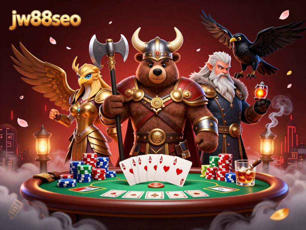 Experience thrilling gaming action with jw88seo featuring a Viking bear and Valkyrie eagle at a vibrant poker table.