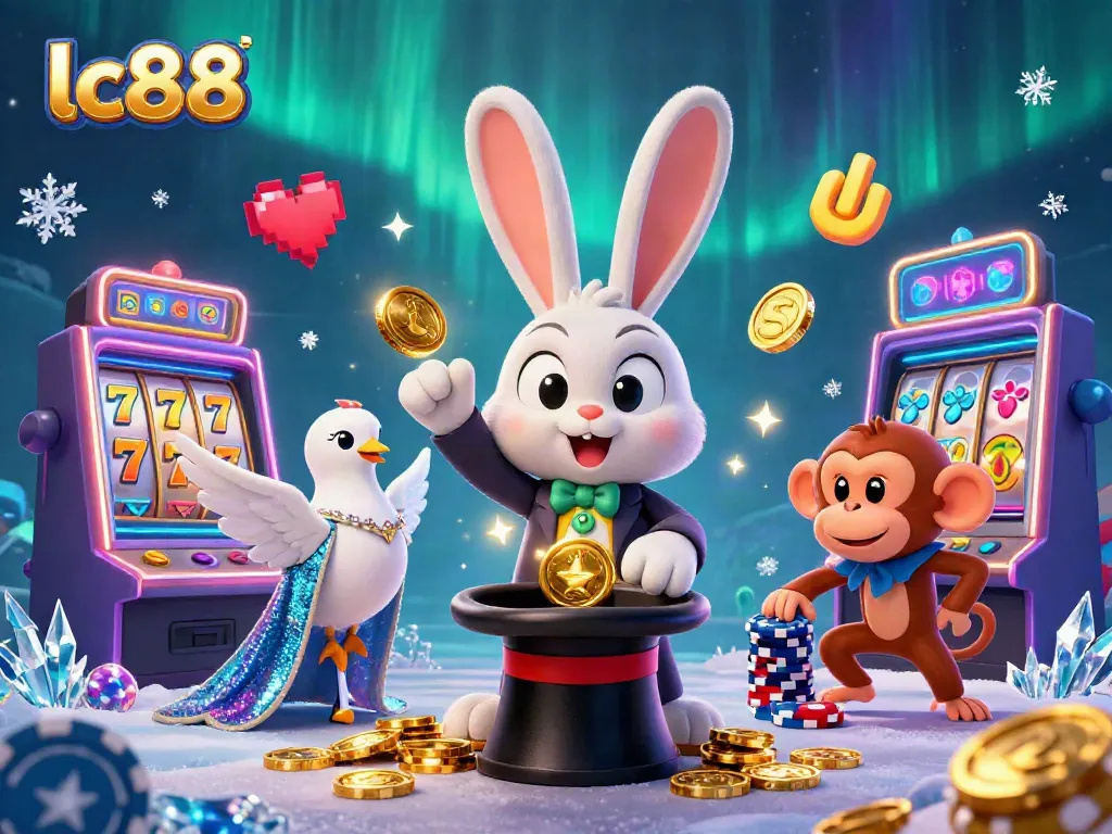 Experience the magic of lc88, featuring a cartoon magician, coins, and slot machines in a vibrant casino setting.