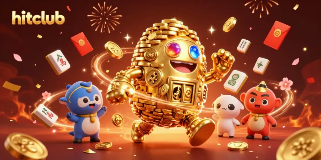 Hitclub gamblers enjoying wins with a dynamic golem surrounded by vibrant casino elements.