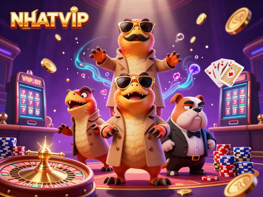 NhatVIP raptors humorously trying to enter a casino, surrounded by coins and playing cards
