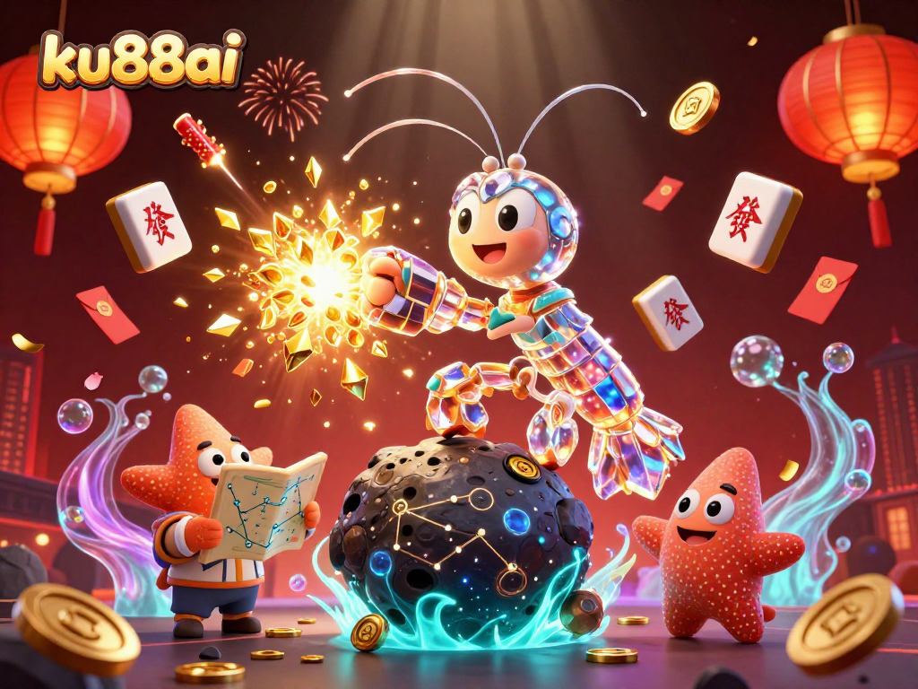 ku88ai showcases a vibrant 3D scene of a mantis shrimp in armor, bursting through an asteroid for big wins.