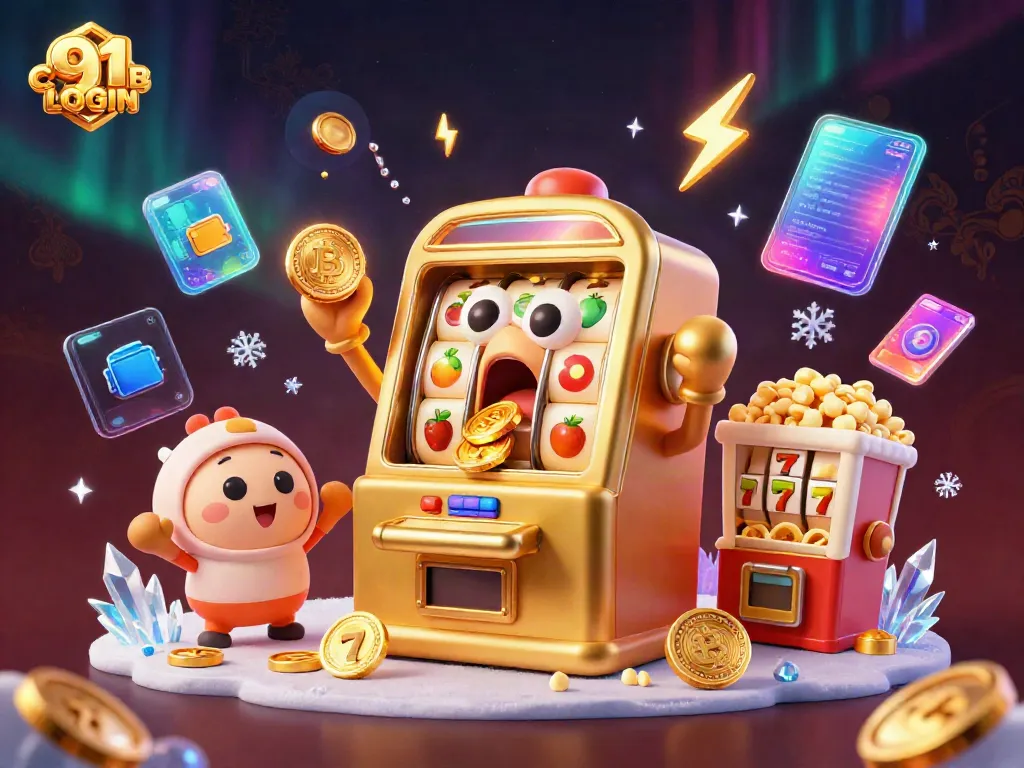 Spin to win with 91 CLUB LOGIN as a golden slot machine hits a jackpot, coins bursting forth.