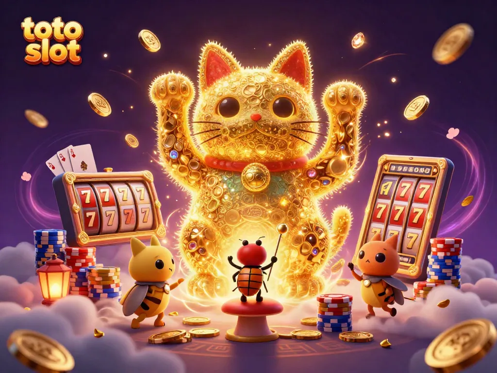 Permainan toto slot dengan kucing keberuntungan dan ikan terbang berkilau mengisi gulungan slot.
