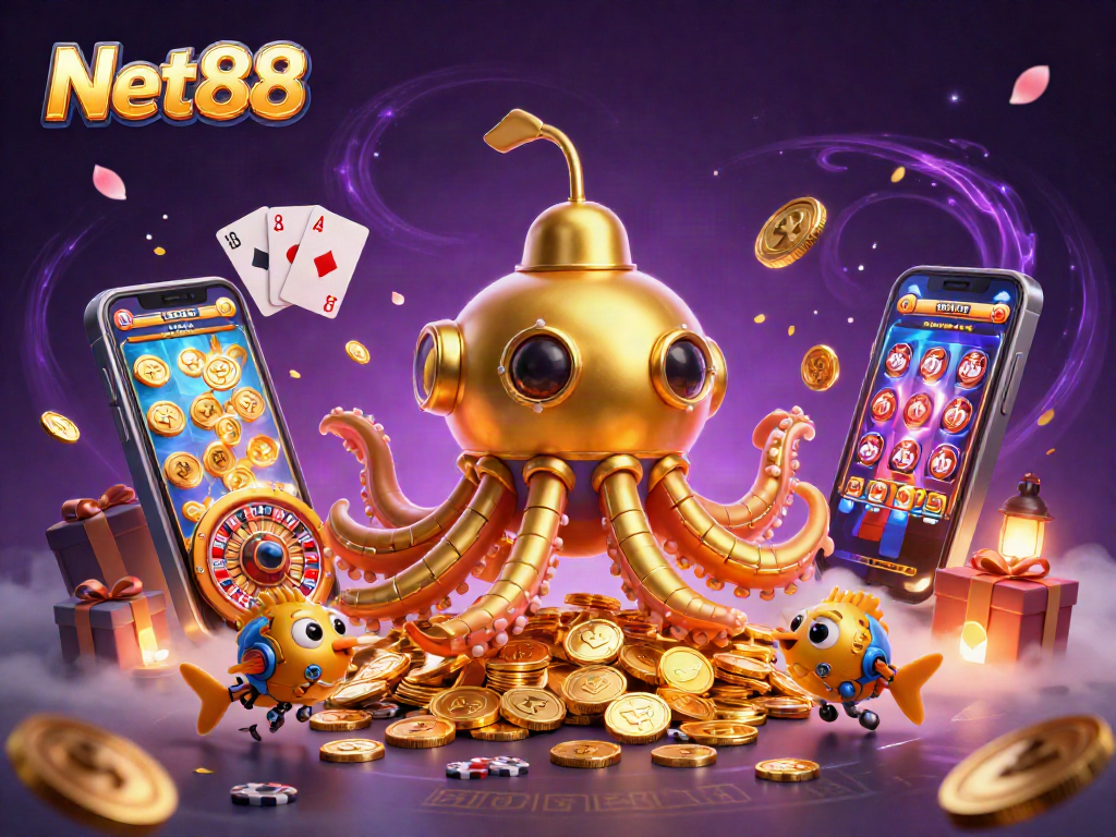 Win big with Net88's vibrant gaming universe featuring a golden kraken submarine!