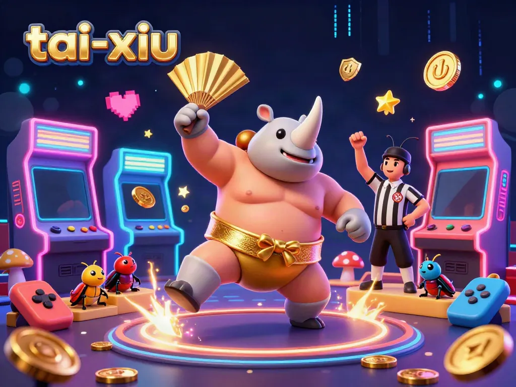 Engage in thrilling tai-xiu gameplay with a dynamic 3D beetle champion surrounded by animated arcade elements.